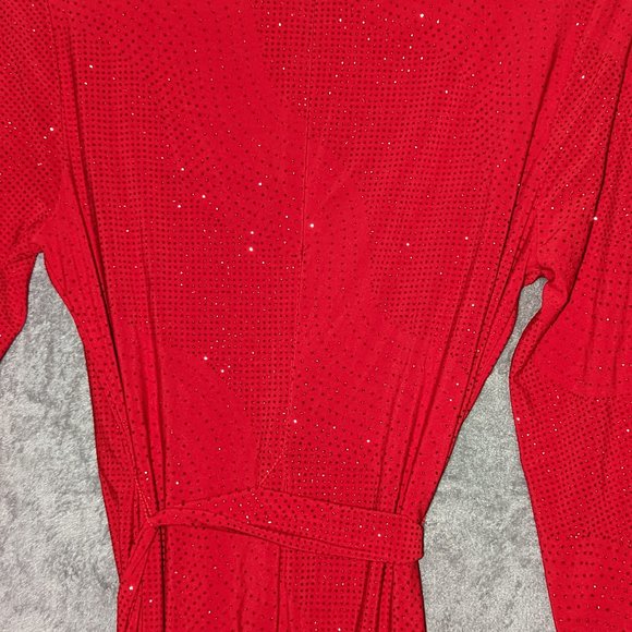 Calvin Klein red sequin scoop neck split bell sleeve red belted dress - Picture 9 of 16